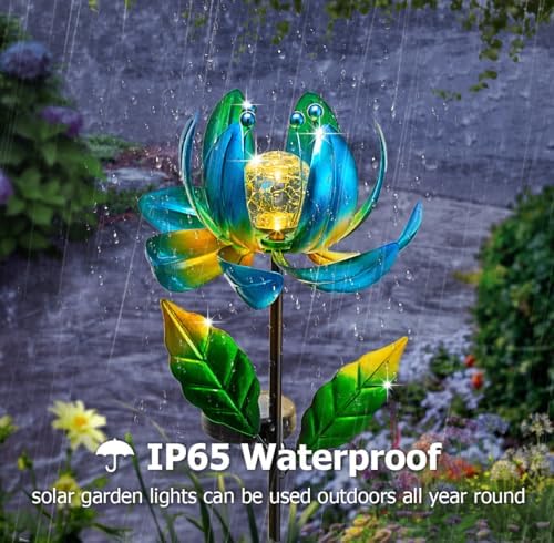 Solar Yard Lights Wind Spinners- Metal Lotus Flower Garden Decor LED Crackle Glass Globe Yard Art Sculpture Solar Stake Lights for Patio Pathway Lawn Walkway - Image 3