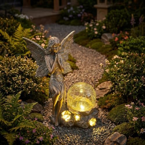 Solar Fairy Garden Statues with LED Crackle Glass Ball Garden Decor, Bronze Fairy Sculpture & Statue Outdoor Decor for Patio Yard Lawn, Angel Figurine Accessory, Magical Fairy Statues Gift for Mom - Image 6