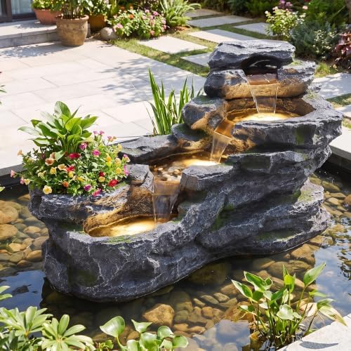 36.6" L Water Fountain Outdoor, 4-Tier Rock Cascading Water Feature - Image 6