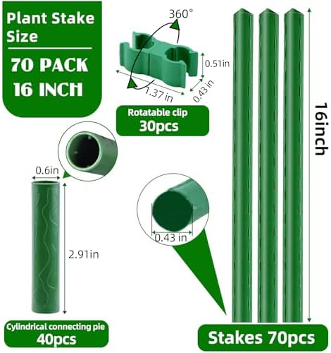Fabulas Garden Stakes 16 Inch 70 Pack, Diy 4ft 5ft 6ft 7ft 8ft Tomato Stakes Plastic Coated Metal Plant Sticks Stakes Supports with 40 Connectors 30 Rotatable Clips for Indoor Outdoor Plants Vegetable - Image 2