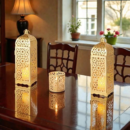 BHCJ 2-Pack Vintage Decorative Candle Lantern 12.5'' High Metal Moroccan Lantern Hanging Lantern with Hollow Pattern for Home Decorations Living Room Garden Parties Events Indoors Outdoors(Gold) - Image 4