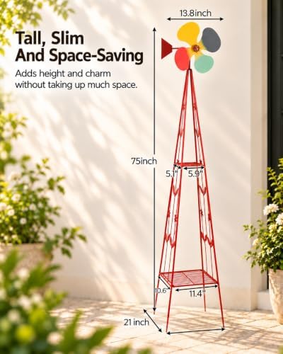 6FT Windmill for Yard Garden Decoration, Heavy Duty Outdoor Wind Mills, Large Metal Outdoor Windmill, Weather Resistant, with Storage Shelf and Weather Vanes, Red - Image 4