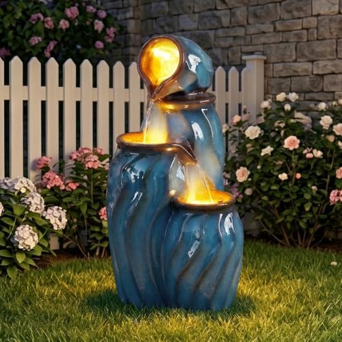 29.5" Outdoor Garden Water Fountain, 3-Tier Ceramic-Look Waterfalls - Image 2