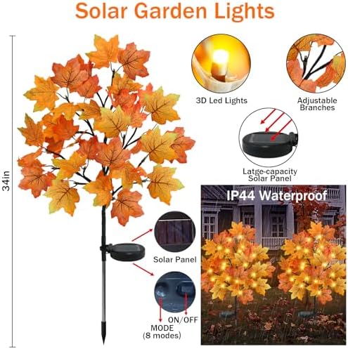 TORONTOKYO 2 Pack Fall Solar Outdoor Lights, Fall Decor 40 LED Maple Leaves Solar Stake Light with 8 Modes, Waterproof Fall Garden Lights Thanksgiving Decorations for Autumn Yard Pathway Outside - Image 2