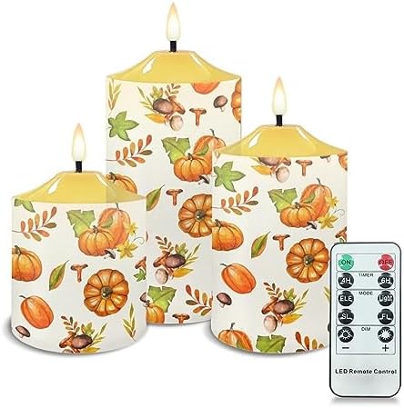 Cozeyat 3 Pieces Flameless Candles with Remote Control, Flickering Realistic Wax Pillar Tealights, Autumn Pumpkin Pattern Flameless Bullet Floating Candles for Thanksgiving Day by Cozeyat