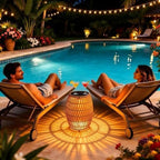 Solar Outdoor Side Table, Boho Handwoven Drum Rattan, 12.8" D x 16.9" H - Image 2