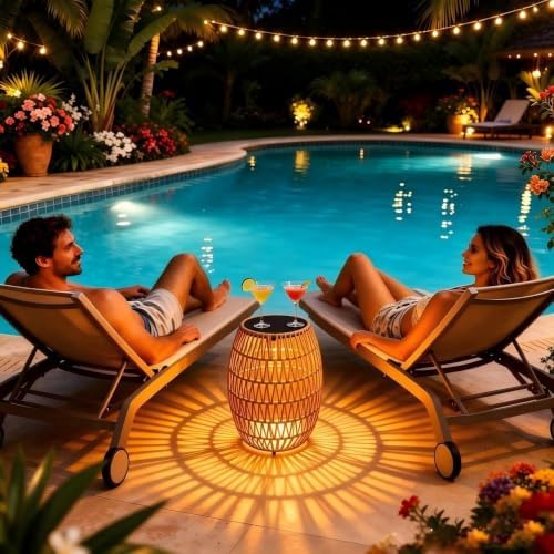 Solar Outdoor Side Table, Boho Handwoven Drum Rattan, 12.8" D x 16.9" H - Image 2