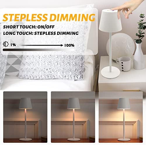 Maksone 2 Pack LED Cordless Table Lamp, 6600mWh Rechargeable Battery Desk Lamp, 3000K Stepless Dimming Night Light, IP54 Waterproof Metal Outdoor Portable Lamp for Camping, Restaurant (White) - Image 3