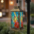Solar Lantern Outdoor Waterproof Vibrant Stained Glass Window Abstract Geometric Patterns Bold Colors Garden Decor LED Hanging Solar Lights Tabletop Lamp Gifts for Women Mom Outside Yard Patio Porch by DERUINVAIO