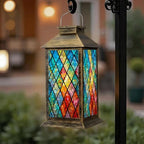Solar Lantern Outdoor Waterproof Vibrant Stained Glass Window Abstract Geometric Patterns Bold Colors Garden Decor LED Hanging Solar Lights Tabletop Lamp Gifts for Women Mom Outside Yard Patio Porch by DERUINVAIO