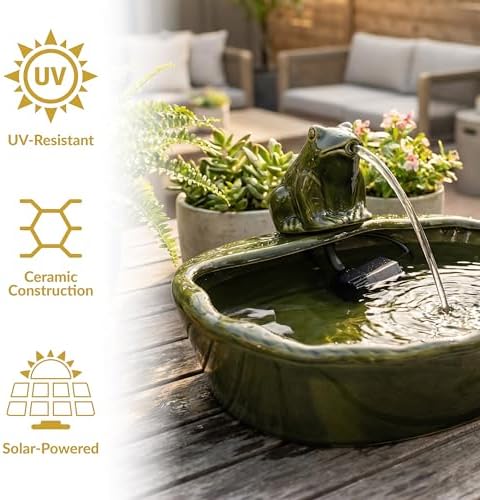 Sunnydaze 7" Ceramic Solar Powered Garden Water Fountain, Frog Spout, Green - Image 4