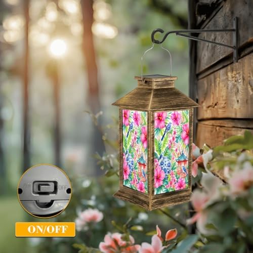 Solar Lantern Outdoor Waterproof Exotic Tropical Floral Hibiscus Blue Birds Vase Pagoda Garden Decor LED Hanging Solar Lights Tabletop Lamp Gifts for Women Mom Outside Yard Patio Porch - Image 5