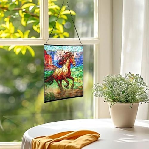 Brown Mustangs Horse cantering Through Open Canyon Floor Square Suncatcher – Stained Glass Style Window Panel with Pastoral Scene, Custom Decorative Hanging Art for Equestrian Home, Christmas hKBZvO - Image 3