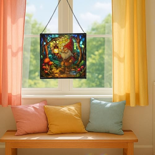Forest Gnome with Lantern Stained Glass Suncatcher – Square Hanging Window Panel for Home or Greenhouse – Whimsical Glass Art Gift for Garden Lovers, Christmas, Halloween, Father Days ckmTEF - Image 5