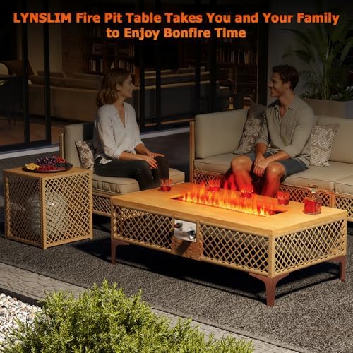 LYNSLIM Outdoor Fire Pit Table with Tank Table, CSA Certifed 60,000 BTU Stainless Steel Burner, Rattan Rectangular Propane Patio Firepit Table for Outside with Exterior, Porch, Backyard or Garden - Image 4