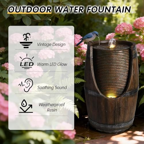 24.8'' Wooden Barrel Style Outdoor Water Fountain with LED Lights Resin Rustic Garden Waterfall Decor Farmhouse Garden Water Fountain for Patio Porch Yard - Image 2