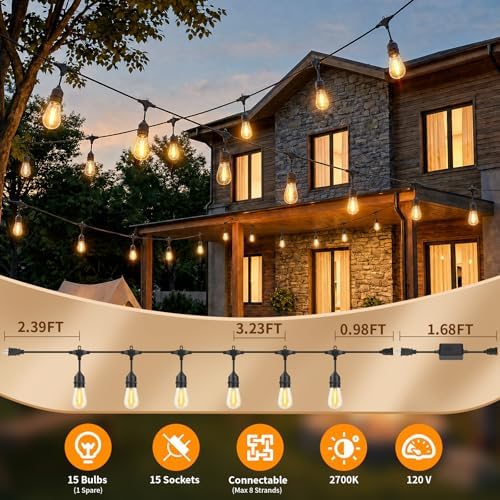 Hotsonic Remote Control Outdoor String Lights Waterproof, 50 FT LED Outside Lights with Shatterproof Bulbs, Dimmable Hanging S14 Lights 3 Modes for Patio Porch Garden pergola Yard Party House Decors - Image 7