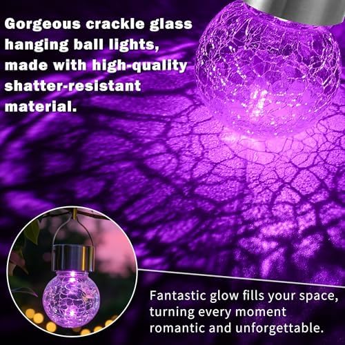 Outdoor Hanging Solar Lights, 12 Pack Multi-Color Changing Cracked Glass Hanging Ball Lights with Handle, Waterproof Solar Bulb Outdoor Garden for Balcony Tree Patio Yard Path Party Decoration - Image 6