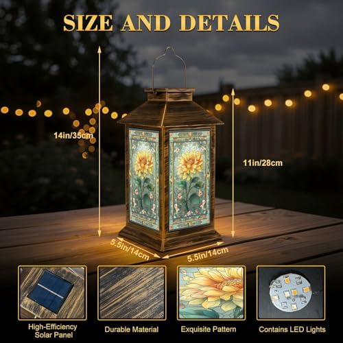 Stained Glass Style Solar Lantern Outdoor Garden Hanging Lantern Sunflower Glass Art Soft Intricate Mosaic Patterns Waterproof Solar Powered Lighting Outside Table Lamp for Patio Deck Yard Camping - Image 2