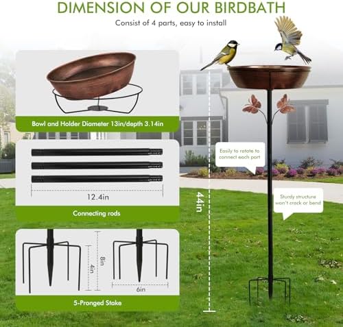 Metal Bird Bath Feeder for Outside – 3.14’’ Deep Birdbaths Bowl with Stable Stake & Upgraded 5-Pronged Base, 13’’ Dia Freestanding for Garden Yard Lawn Decor, 44’’ Tall Easy Clean 1.5 Gallon - Image 5