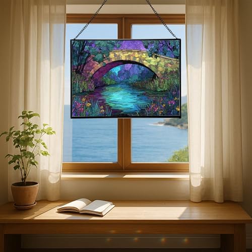 Rainbow Bridge Over Meadow Stream Rectangular Stained Glass Suncatcher – Hanging Window Panel with Animal & Nature Scene – Vibrant Glass Art Gift for Wildlife, Fantasy, Nature Lovers AiKrXc - Image 6