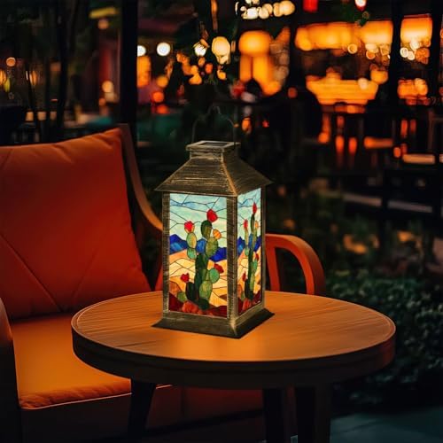 Solar Lantern Majestic Mountains Western Film Style Stained Glass Outdoor Waterproof Garden Hanging Lantern Solar Powered Lighting Outside Table Lamp for Patio Deck Camping 1 Pack - Image 7
