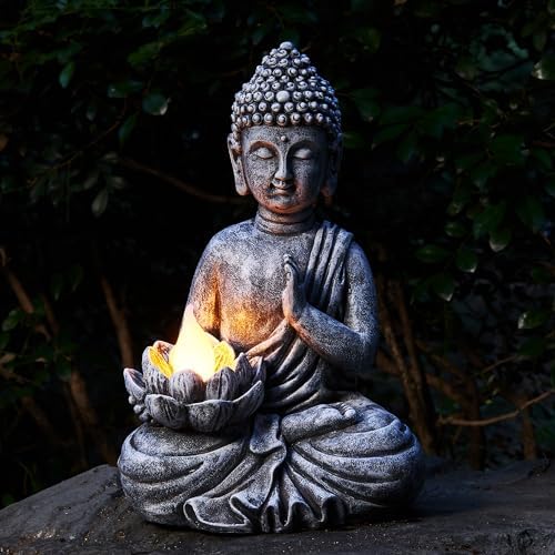 Solar Buddha Statue - Outdoor Zen Sculpture With Flickering LED Lotus Light - Waterproof Garden Decor Gift - 11.81 Inch by Yiosax