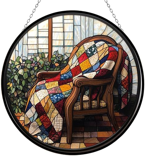 9.84 Inch Boho Memorial Day Patriotic Quilt Stained Glass Sun Catcher Wall Hanging Colored Decor Room Indoor Window Decor Halloween Christmas Hanging Ornament Mother Day by Unknown