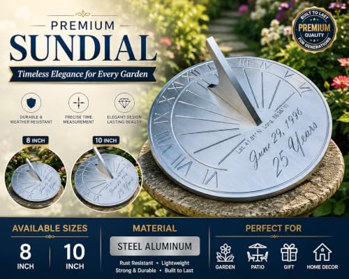 Personalized Garden Sundial, Steel & Aluminum Outdoor Sundial with Engraving, Roman Numeral Garden Decor, Memorial Gift, (8 Inch) - Image 4