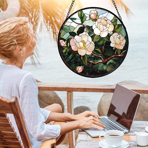 Pink Camellia Stained Glass Window Hanging Suncatcher Gifts for Women 12" - Image 4