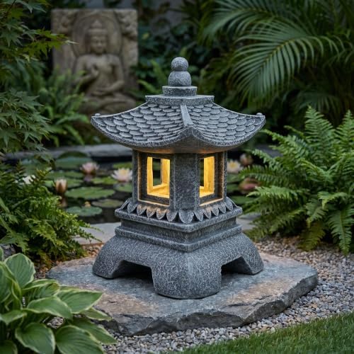 Solar Pagoda Decors Garden Statues, Zen Asian Outdoor Statues Accessories Japanese Pagoda Lamp Lantern for Garden Balcony Patio Porch Yard Art Ornament Decoration, 12 Inches by TB+TIBAG