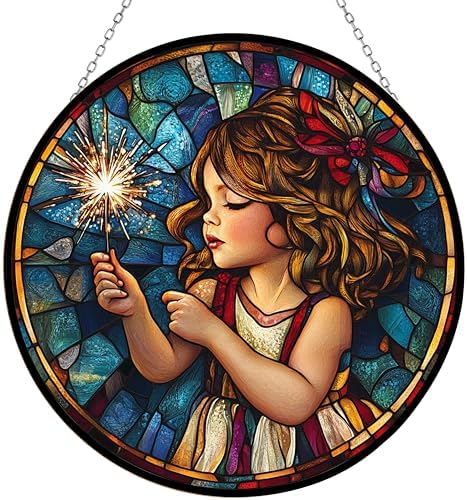 9.84 Inch Boho Memorial Day Girl with Sparkler Stained Glass Window Hanging Window Suncatcher Glass Panel with Metal Chain Sun Catchers Wall Art Home Decor Gift for Women by Unknown