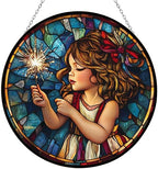 9.84 Inch Boho Memorial Day Girl with Sparkler Stained Glass Window Hanging Window Suncatcher Glass Panel with Metal Chain Sun Catchers Wall Art Home Decor Gift for Women by Unknown