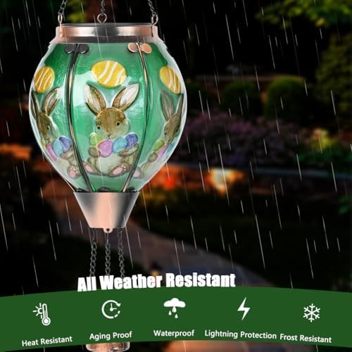 Easter Hot Air Balloon Solar Lantern - Bunny Stained Glass Lantern, Simulated Flickering & Dancing Flame, Outdoor Hanging Yard Light Waterproof IP65 for Patio Lawn Porch Decor Rabbit Gift - Image 4
