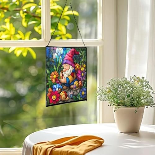 Gnome and Snail Friends Stained Glass Suncatcher – Square Hanging Window Panel for Home or Greenhouse – Whimsical Glass Art Gift for Garden Lovers, Christmas, Halloween, Father Days MKtJDN - Image 3