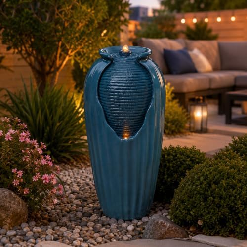 Teamson Home 32 in. Outdoor Contemporary Glazed Contoured Vase Water Fountain with LED Lights to Create a Calming Oasis in Gardens and Landscaping, on Patios, Balconies, Lawns, Teal Blue - Image 4