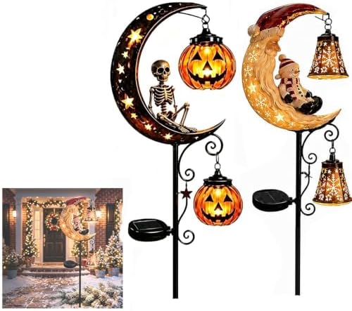 Solar Halloween Black Cat & Pumpkin Moon Garden Stake Light,2-in-1 Waterproof Outdoor LED Yard Decor with Hanging Lantern,Auto Dusk-to-Dawn Lawn Ornament for Pathway,Patio, Walkway (Color-H-2PCS) by HZSprance