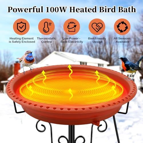 Heated Bird Bath for Outdoors Winter, 100W Heated Birdbath with Stake Brown - Image 2