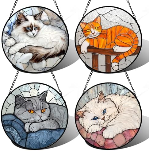 Stained Glass Window Hanging 4 Pcs Set Cute Cat 7.8" - Suncatcher Door Garden Sun Catcher Decor Birthday Mother's Day Christmas Comfort Gifts for Lost Pet Woman Nana Mom Men Friend by amderven
