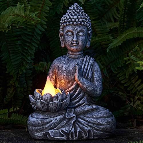 Solar Buddha Statue - Outdoor Zen Sculpture With Flickering LED Lotus Light - Waterproof Garden Decor Gift - 11.81 Inch - Image 5