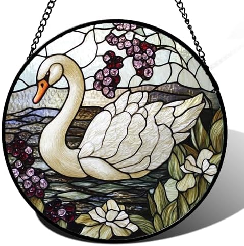 Stained Glass Window Hanging - White Swan Suncatcher for Door Garden Yard Landscape Sun Catchers Decor Christmas Mother's Day Birthday Children's Gifts for Women Mom Nana Friend 11.8 in by HWRHTR