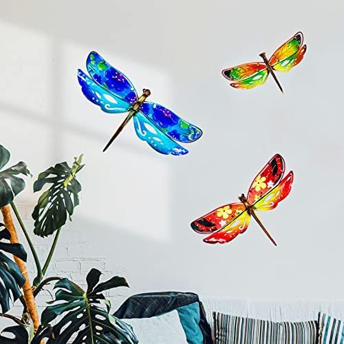 John's Studio Dragonfly Wall Decor Outdoor Metal Garden Hanging Art Glass Sculptures Home Insect Theme Decorations for Living Room, Bedroom Yard, Fence and Patio - 3 PCS - Image 4