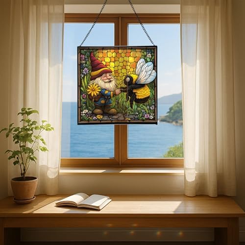 Bee Friend Gnome Stained Glass Suncatcher – Square Hanging Window Panel for Home or Greenhouse – Whimsical Glass Art Gift for Garden Lovers, Christmas, Halloween, Father Days NXogQg - Image 6