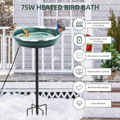 Heated Bird Bath for Outdoors for Winter, 75W Bird Bath Water Heater Bird Bath Deicer,Deep Bowl Thermostatic Control Weather Resistance Available with Stable Metal Pole for All Seasons(Green) - Image 2