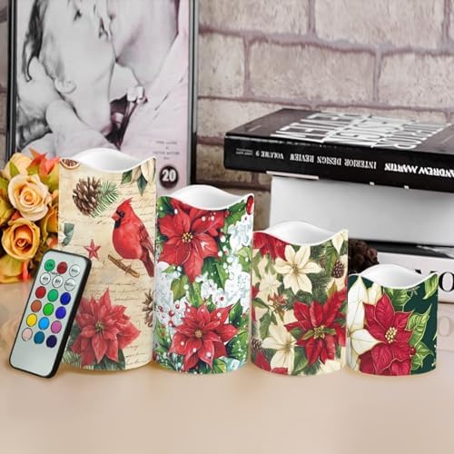 Poinsettia Plastic Flameless Candles with Remote Christmas LED Flickering Battery Operated Color Changing Electric Pillar Candles Christmas Decorations - Image 4
