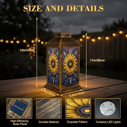 Stained Glass Style Solar Lantern Outdoor Garden Hanging Lantern Sunflower Stained Glass Window Spring Colored Mosaic Waterproof Solar Powered Lighting Outside Table Lamp for Patio Deck Yard - Image 2