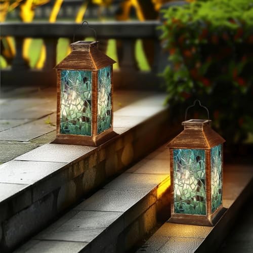 Solar Lantern Stained Glass Window Outdoor Garden Hanging Lantern Waterproof Solar Powered Lighting Outside Table Lamp for Patio Deck Yard Camping Beach House Decor, 1 Pack - Image 6