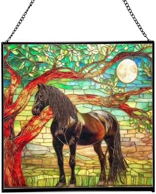 Black Horse Standing Beneath Ancient Tree Square Suncatcher – Stained Glass Style Window Panel with Pastoral Scene, Custom Decorative Hanging Art for Equestrian Home, Christmas vR93jU by Custom