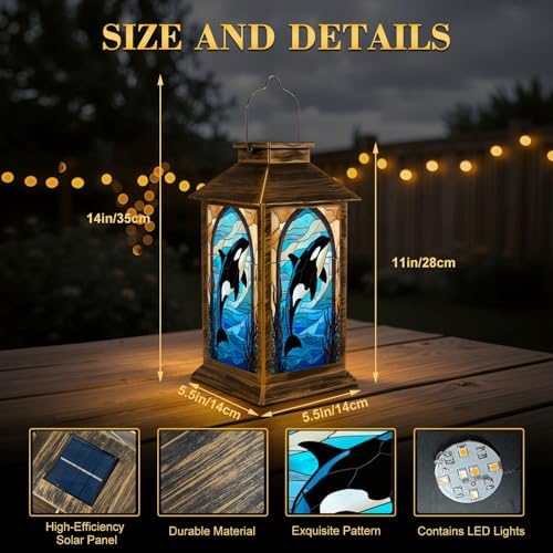 Solar Lantern Outdoor Waterproof Orca Whale Stained Glass Artwork Blue Ocean Design Garden Decor LED Hanging Solar Lights Tabletop Lamp Gifts for Women Mom Outside Yard Patio Porch - Image 2