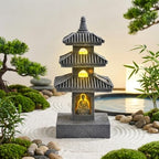 Pagoda Garden Statue, 10 Inch Weatherproof Solar Garden Decor, LED Light Zen Japanese Lantern for Backyard Balcony Patio Lawn Yard, Grey, Décoration de Jardin by Unknown